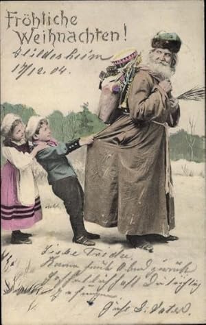 Ansichtskarte / Postkarte Frohe Weihnachten, Kinder ziehen Weihnachtsmann am Mantel