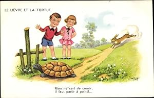 Künstler Ansichtskarte / Postkarte Patt, Jim, Le Lievre et la Tortue, Schildkröte, Hase, Wettlauf