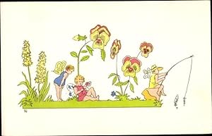 Image du vendeur pour Knstler Ansichtskarte / Postkarte Elfen auf einer Blumenwiese beim Angeln, Stiefmtterchen mis en vente par akpool GmbH