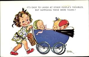 Künstler Ansichtskarte / Postkarte Cooper, Phyllis, Mädchen, Kinderwagen mit 3 Babys, supposing t...