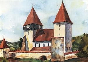 Image du vendeur pour Merghindeal - Mergeln (Kreis Sibiu) Kirchenburg in Siebenbrgen,Kunstdruck nach einem Aquarell. mis en vente par Antiquariat Kastanienhof