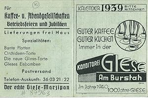 Brieftaschenkalender 1939. Werbegeschenk der Konditorei Giese Am Burstah [Hamburg].