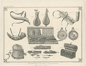 Antique Print of accessories for various Guns by Rapkin (c.1855)