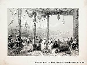 ISTANBUL, Turkey view c. 1840 Coffee drinkers at the port, Constantinople