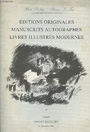 Bild des Verkufers fr Catalogue de vente aux enchres- 24 Octobre 1991- Editions originales, Manuscrits, Autographes, Livres illustrs modernes zum Verkauf von Le-Livre