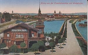 Mainz von der Eisenbahnbrücke mit Winterhafen. Ansichtskarte, AK. 20.Jh.