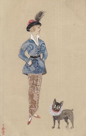 Dame mit Bulldogge. Ansichtskarte, AK Litho, 20.Jh.