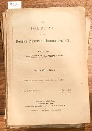 Seller image for The Journal of the Bombay Natural History Society Vol. XXVIII Nos. 1- 4 plus 2 index issues 1921 - 1922 (complete vol.) for sale by Carydale Books
