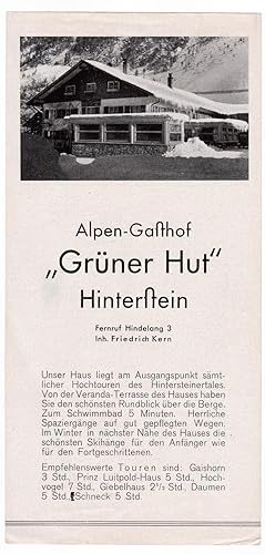 Werbeblatt/Einzelblatt - Alpen-Gasthof Grüner Hut in Hinterstein - Preisangaben in Reichsmark. Be...