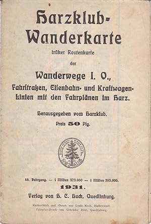 Original-historische Landkarte. Harzklub-Wanderkarte, früher Routenkarte, der Wanderwege I. O., F...