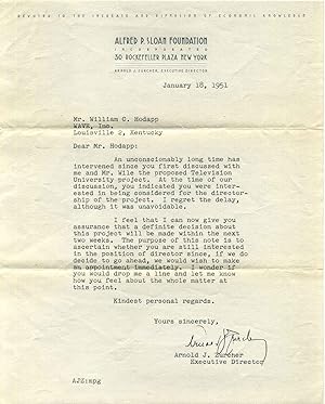 TYPED LETTER Signed by Arnold J. Zurcher (1902-1974) as Executive Director of the Alfred P. Sloan...
