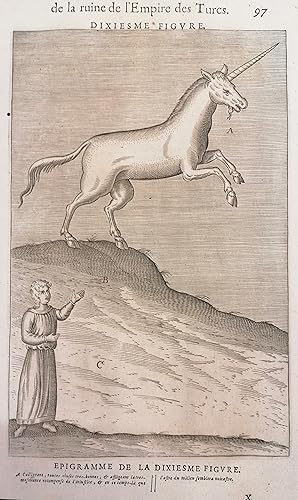 Einhorn. Kupferstich aus Vignaire "Histoire de Turcs" um 1655. 27 x 17,5 cm.