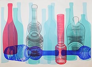 Komposition (farbige Glasflaschen). Farblithographie.
