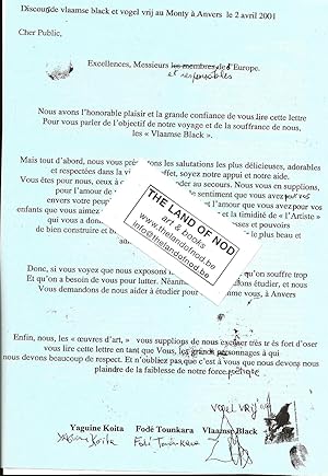Imagen del vendedor de Angel Vergara : 'Discours de vlaamse black et vogel vrij au Monty  Anvers le 2 avril 2001' a la venta por The land of Nod - art & books
