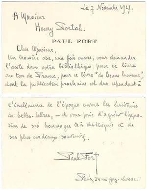 Seller image for Paul Fort (1872-1960) - Carte de visite autographe signe - 1927 for sale by PhP Autographs