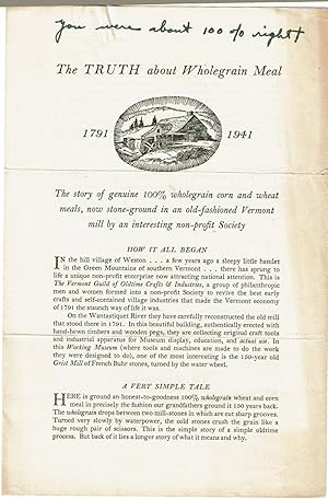 Seller image for THE TRUTH ABOUT WHOLEGRAIN MEAL 1791-1941. for sale by Blue Mountain Books & Manuscripts, Ltd.