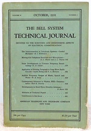 Image du vendeur pour The Bell System Technical Journal Volume X October 1931 Number 4 mis en vente par Argyl Houser, Bookseller