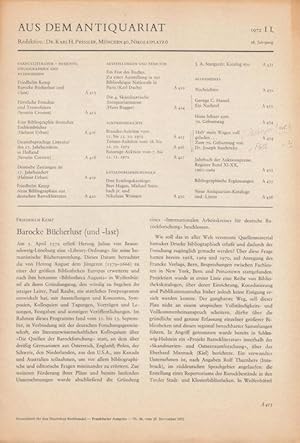 Seller image for Aus dem Antiquariat. Nummer II des 28.Jahrgangs 1972, 28. November. ( = Brsenblatt fr den Deutschen Buchhandel, Frankfurter Ausgabe, Nr. 95 ). - Aus dem Inhalt: Helmut Urban - Eine Bibliographie deutscher Emblembcher / derselbe: Deutsche Zeitungen im 17. Jahrhundert / Wolfgang Brandes: Auktion 58 / Gerda Bassenge: Auktion 20 / Zum 70. Geburtstag von Dr. Joseph Suschitzky. for sale by Antiquariat Carl Wegner