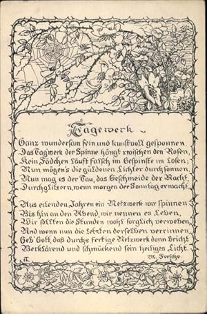 Bild des Verkufers fr Gedicht Ansichtskarte / Postkarte Tagewerk, Ganz wundersam fein und kusntvoll gesponnen, Spinnennetz zum Verkauf von akpool GmbH