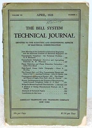 Image du vendeur pour The Bell System Technical Journal Volume VII April 1928 Number 2 mis en vente par Argyl Houser, Bookseller