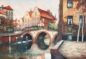 Estampe originale Aquatinte gravure couleurs Bruges