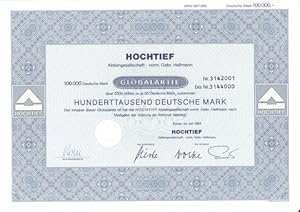 Globalaktie über 2000 Aktien zu je 50 Deutsche Mark, zusammen Hunderttausend Deutsche Mark.