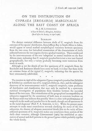 Bild des Verkufers fr On the distribution of Cypraea (Erosaria) marginalis along the east coast of Africa.In 8vo, offp., pp. 8 + 2 figs, Offprint from J. Conch., 26(2) zum Verkauf von NATURAMA