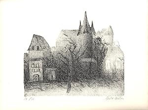 Stadtansicht mit Bäumen. [Signierte Original-Lithografie / signed original lithograph].