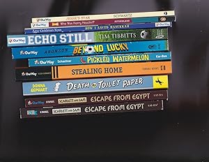 Bild des Verkufers fr [ten books for the priece of one:] 1. two copies of Scarlett and Same Escape from Egypt. 2. Death by Toilet Paper. 3. Stealing Home. 4. Pickled Watermelon. 5. Beyond Lucky. 6. Echo Still. 7. HNow I saved HAnukkah. 8. Who was Harry Houdini? 9. Jesse's Star zum Verkauf von Meir Turner