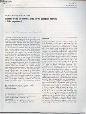 Seller image for Tir  part : Behav. Ecol. Sociobiol n38 : Female choice for complex song in the European starling : a field experiment. for sale by Le-Livre