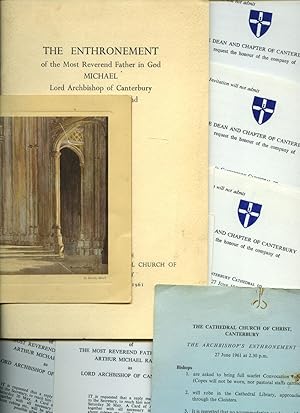 Image du vendeur pour The Enthronement of the Most Reverend Father in God Michael Lord Archbishop of Canterbury Primate of All England | The Enthronement in Canterbury Cathedral on Tuesday, 27 June 1961 of Michael Ramsey, Anglican Archbishop of Canterbury | + 10 Original Invitation Cards to the Enthronement + The Cathedral Church of Christ Canterbury 'The Archbishop's Enthronement' Card + The Chancel Steps, Canterbury Cathedral Colour Painting Card by Dorothy Mowell mis en vente par Little Stour Books PBFA Member