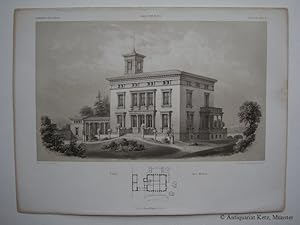 Teilansicht, Wohnhaus "Villa bei Bonn", darunter architektonische Details. Lithographie von W. Lo...