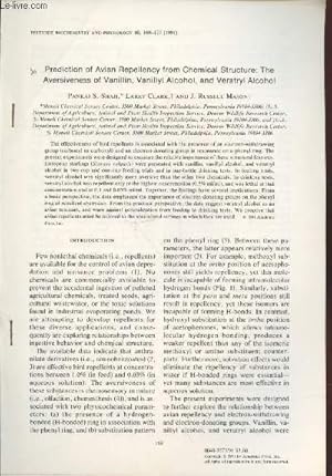 Bild des Verkufers fr Tir  part : Pesticide Biochemistry and Physiology n40 : Prediction of Avian Repellency from chemical structure : The aversiveness of Vanillin, vanillyl alcohol and veratryl alcohol. zum Verkauf von Le-Livre