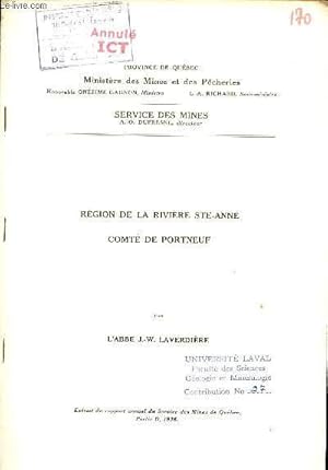 Seller image for Rgion de la rivire Ste-Anne Comt de Portneuf - Extrait du rapport annuel du Service des Mines de Qubec Partie D 1936. for sale by Le-Livre