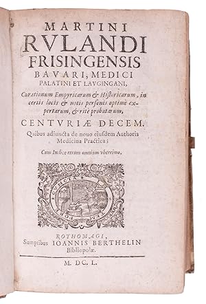 Bild des Verkufers fr Curationum empyricarum & historicarum, in certis locis & notis personis optim expertarum, & rit probatum, centuriae decem. Quibus adiuncta de novo eiusdem authoris medicina practica; cum indice rerum omnium uberrimo.Including:Medicina practica recens et nova, continens omnes totius humani corporis morbos, per alphabeticum ordinem collectos: .Appendix de dosibus, seu justa quantitate, ac proportione medicamentorum compositorum omnium quae hodie officini parata extant: .Rouen, Johannis Berthelin, 1650. 2 parts in 1 volume. 8vo. With a woodcut device on title-page and 2 divisional title-pages, each with the same woodcut device. Contemporary limp sheepskin parchment. zum Verkauf von ASHER Rare Books