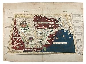 Bild des Verkufers fr Sexta Asie Tabula.Ulm, Lienhart Holle, 1482. Oblong 1mo (whole sheet: 41.5 by 57 cm). With a double-page woodcut map. Finely coloured by a contemporary hand, with near-contemporary manuscript vignette illustrations of an Ababeel bird, Makkah (Mecca) and the Kaaba in pen and wash highlighted in gold. zum Verkauf von Antiquariaat FORUM BV
