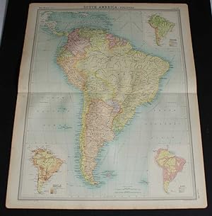 Bild des Verkufers fr Map of South America from the 1920 Times Survey Atlas (Plate 104 South America - Political) Including Inset Maps for Population Density, Race and Vegetation zum Verkauf von Bailgate Books Ltd