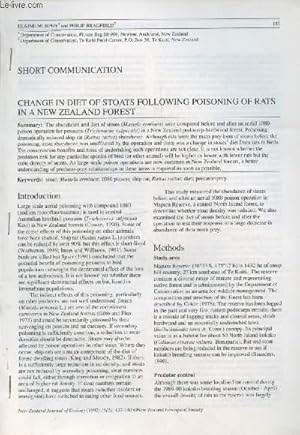 Bild des Verkufers fr Tir  part : New Zealand Journal of Ecology Vol. 16 n2 : Change in diet of stoats following poisoning of rats in a New Zealand forest zum Verkauf von Le-Livre