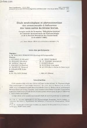 Bild des Verkufers fr Tir  part : Bulletin de la Socit Botanique du Centre-Ouest, Nouvelle srie, Tome 23 : Etude syncologique et phytocoenotique des communauts  Salicornes des vases sales du littoral breton. zum Verkauf von Le-Livre