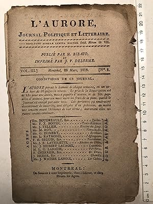 L'Aurore, Journal Politique et Littéraire. (2 Numéros : Vol. III, No. 1 - 28 mars 1818, 16 pages....