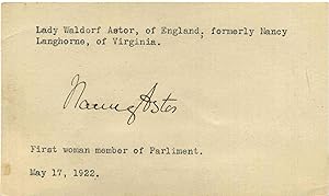 Seller image for Autograph of Nancy Astor (1879-1964). for sale by Kurt Gippert Bookseller (ABAA)