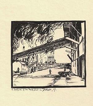 View of A Backyard of the Ford Plant in Detroit. Original India ink drawing.