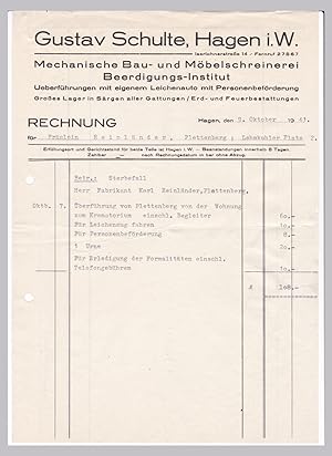 Rechnung Gustav Schulte Hagen Möbelschreinerei 1941 Beerdigungs-Institut Särge