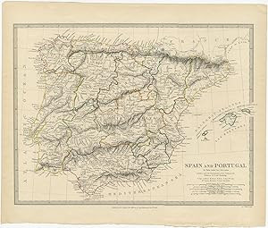 Antique Map of Spain and Portugal by Walker (1838)