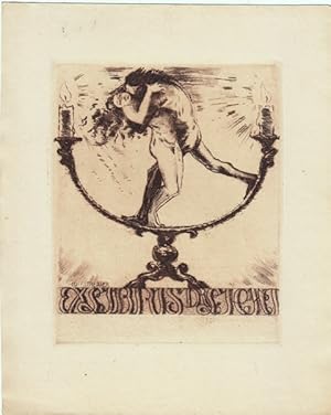 Imagen del vendedor de Exlibris Dr. Licht. Strmisches Aktpaar auf zweiarmigem Leuchter. a la venta por Antiquariat  Braun