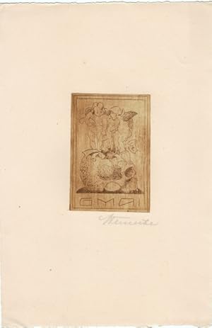 Imagen del vendedor de G. Mai. Zwei geflgelte Putti, auf Schdel stehend unbd mit Lffel Papiere aus offener Schdeldecke holend. a la venta por Antiquariat  Braun