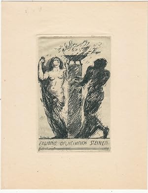 Imagen del vendedor de Exlibris Dr. Heinrich Steiner. Weiblicher Akt und verhllte Rckenfigur, um Sule mit Feuerschale stehend. a la venta por Antiquariat  Braun