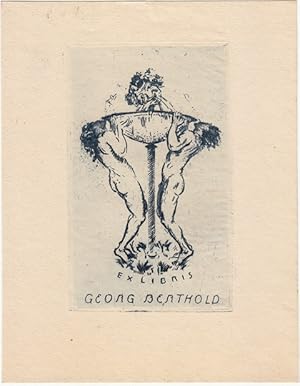 Imagen del vendedor de Ex Libris Georg Berthold. Springbrunnen mit Maske, von Aktpaar flankiert. a la venta por Antiquariat  Braun