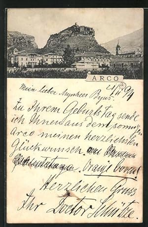 Vorläufer-Ansichtskarte Arco, 1894, Teilansicht vom Ort mit Burgberg