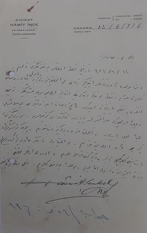 Autograph letter signed 'Hâmid Sevket Ince'.